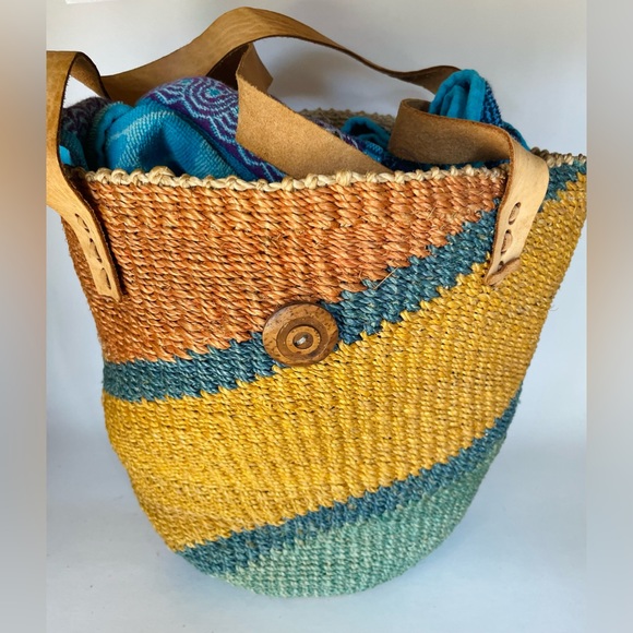 Vintage Bags Large Woven Straw Tote Market Bag W Leather Straps And